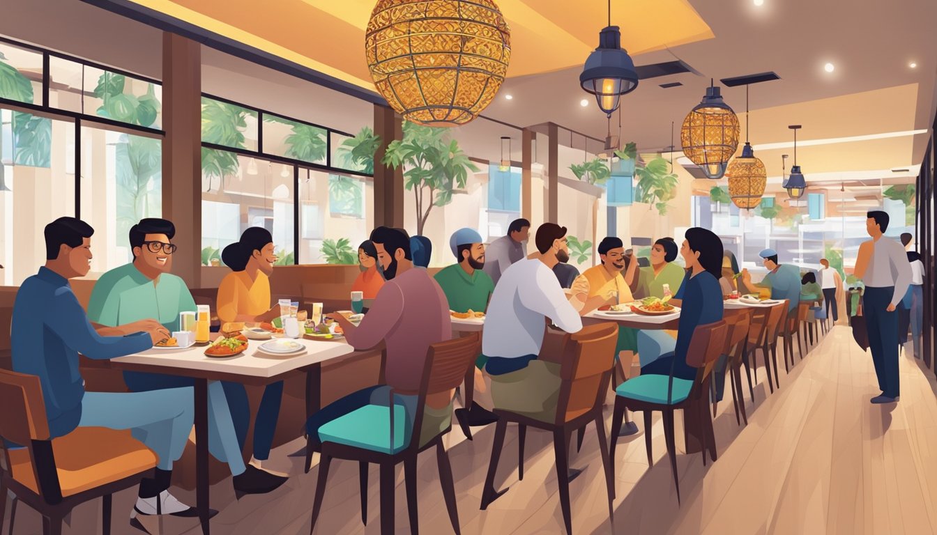 Customers enjoying halal western dishes in a trendy Singapore restaurant. The vibrant atmosphere and delicious food create a memorable dining experience