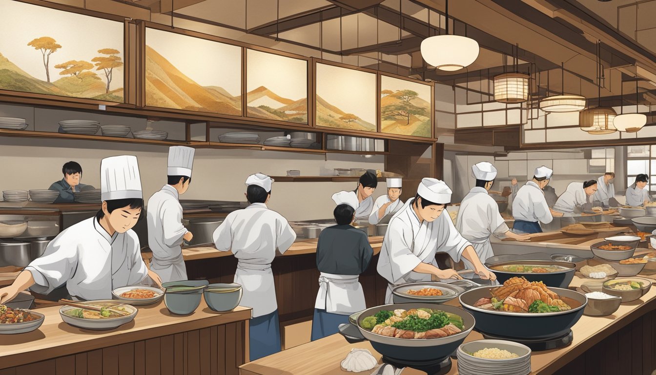 Customers enjoying a variety of Japanese dishes at a bustling syokudo and teishoku restaurant, with chefs skillfully preparing traditional cuisine in an open kitchen
