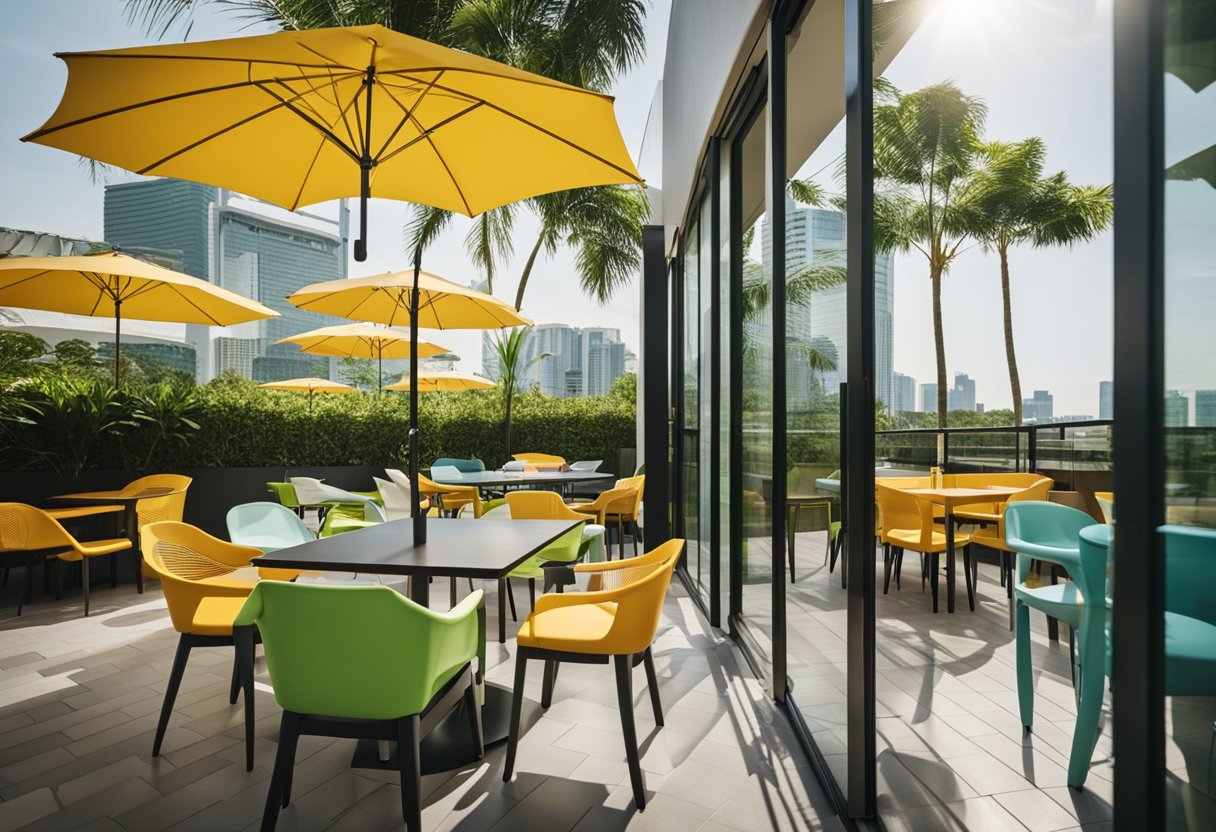 A sunny outdoor patio with modern IKEA furniture in Singapore. Brightly colored chairs, tables, and umbrellas create a welcoming and stylish setting