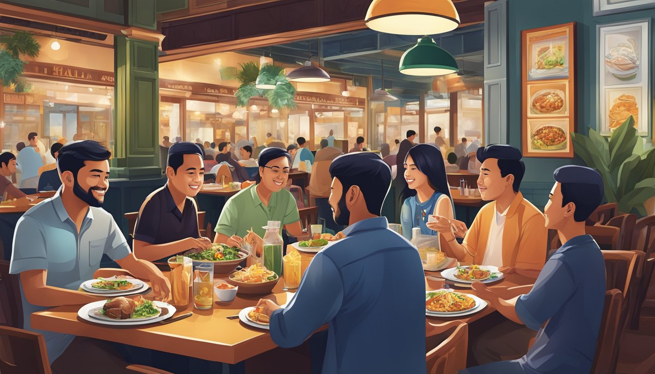 Customers enjoying halal western dishes at a bustling restaurant in Singapore, with a diverse menu and vibrant atmosphere