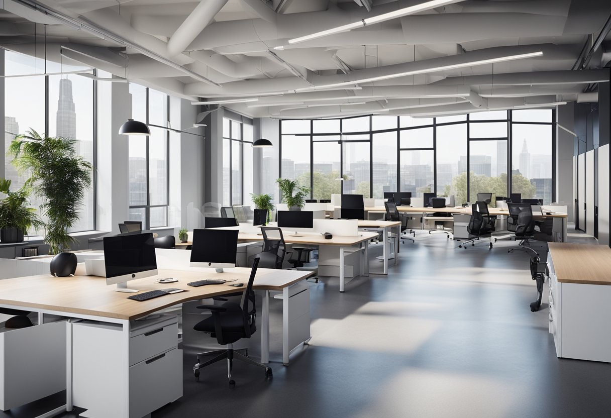 Sleek, modular desks and chairs in a bright, open office space with large windows, showcasing innovative office furniture design