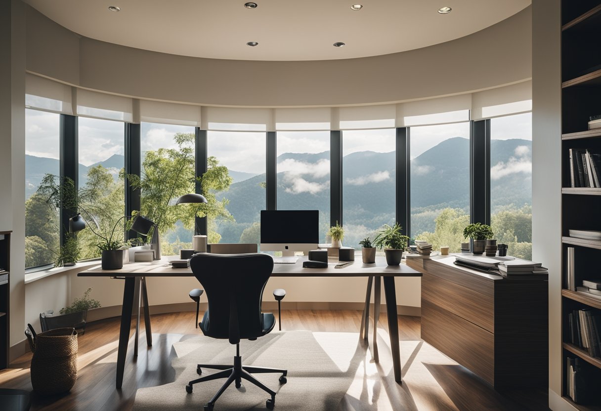 A spacious, well-lit home office with a large desk, ergonomic chair, organized storage, and a view of nature through a window