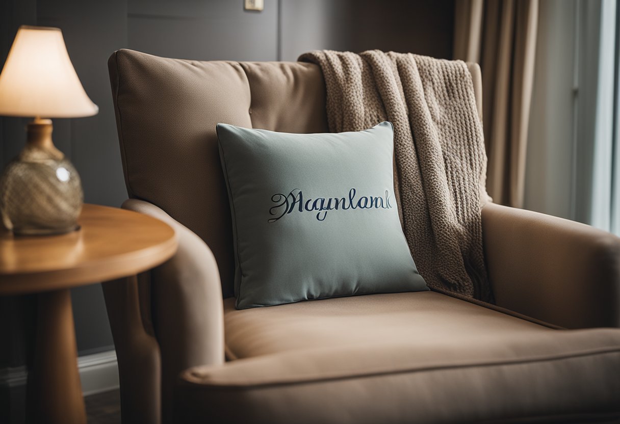 A resident's name engraved on a wooden armchair, surrounded by personalized cushions and blankets in a cozy care home setting