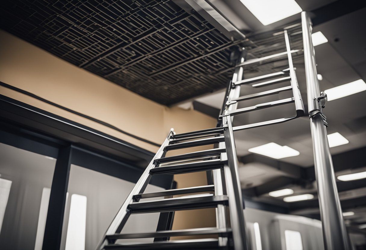 A ladder leaning against a ceiling with various design options sketched out, including geometric patterns and modern textures
