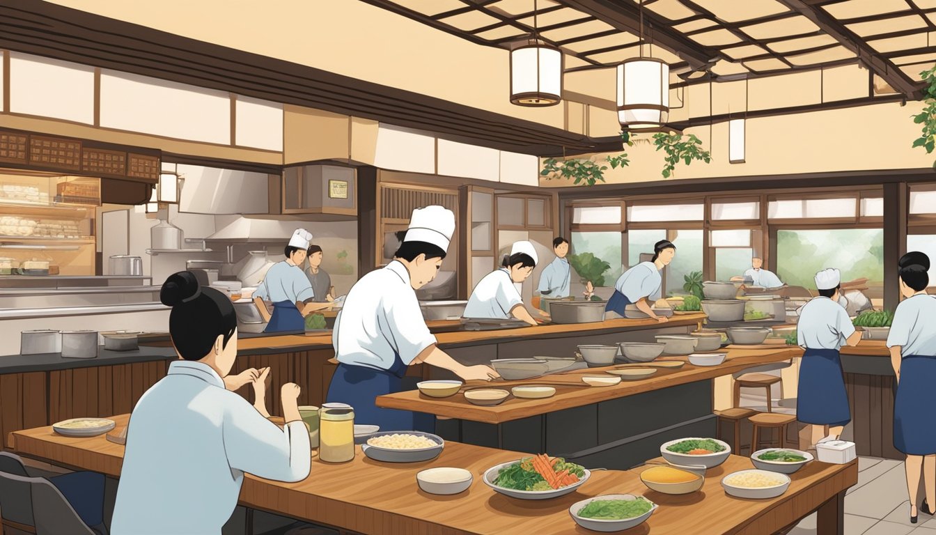 A bustling teishoku restaurant with neatly arranged tables and a counter. Chefs prepare traditional Japanese dishes in an open kitchen. Customers enjoy their meals in a cozy, welcoming atmosphere