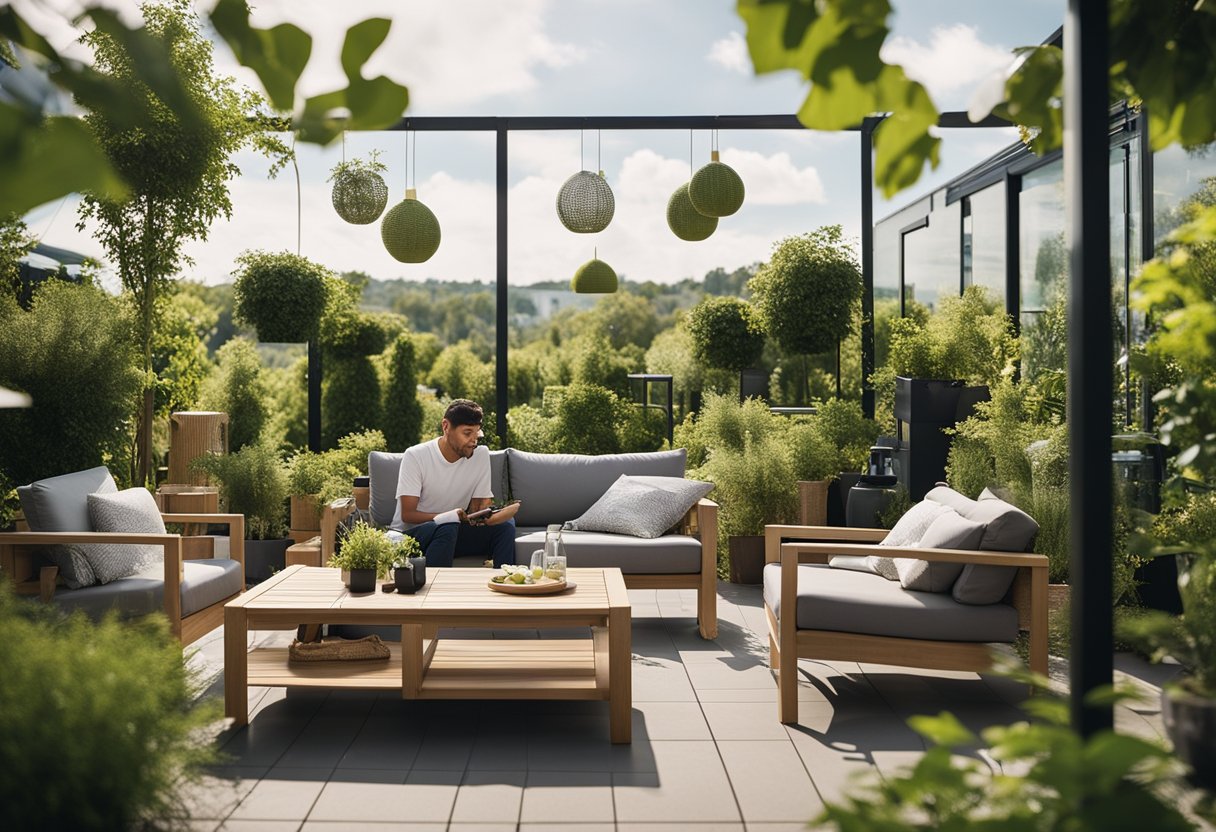 Customers browsing IKEA's outdoor furniture, surrounded by lush greenery and modern designs