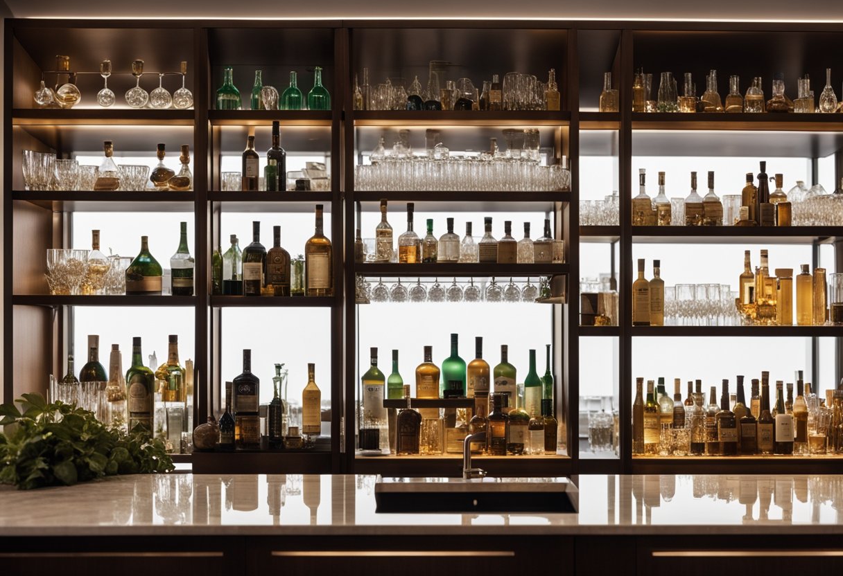 A sleek, modern bar cabinet stands against a backdrop of warm, ambient lighting, with a variety of glassware and bottles neatly arranged on its shelves