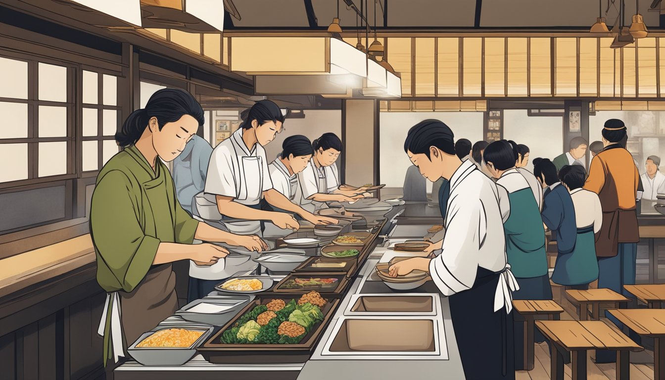 Customers lining up at a Japanese restaurant counter, menus in hand, while a chef prepares traditional teishoku dishes in the open kitchen