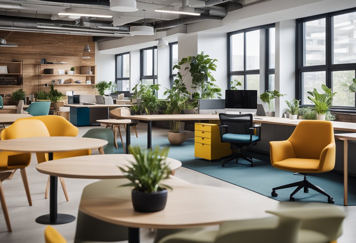 A modern, open office space with sleek, modular furniture arranged for collaboration. Bright colors and natural materials promote a creative, inclusive culture