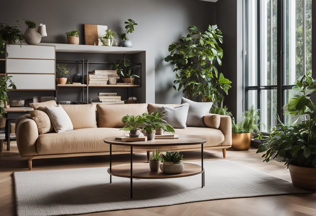 A cozy living room with modern furniture, a sleek coffee table, and a stylish sofa. A bookshelf filled with decor and plants, and large windows letting in natural light