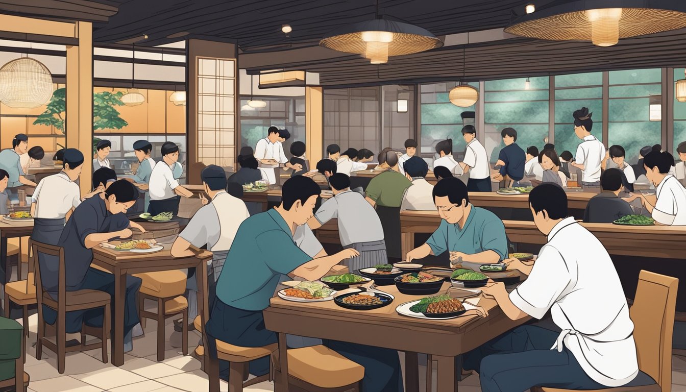 Customers dining at a bustling unagi restaurant in Singapore, with chefs grilling eels and waiters serving traditional Japanese dishes