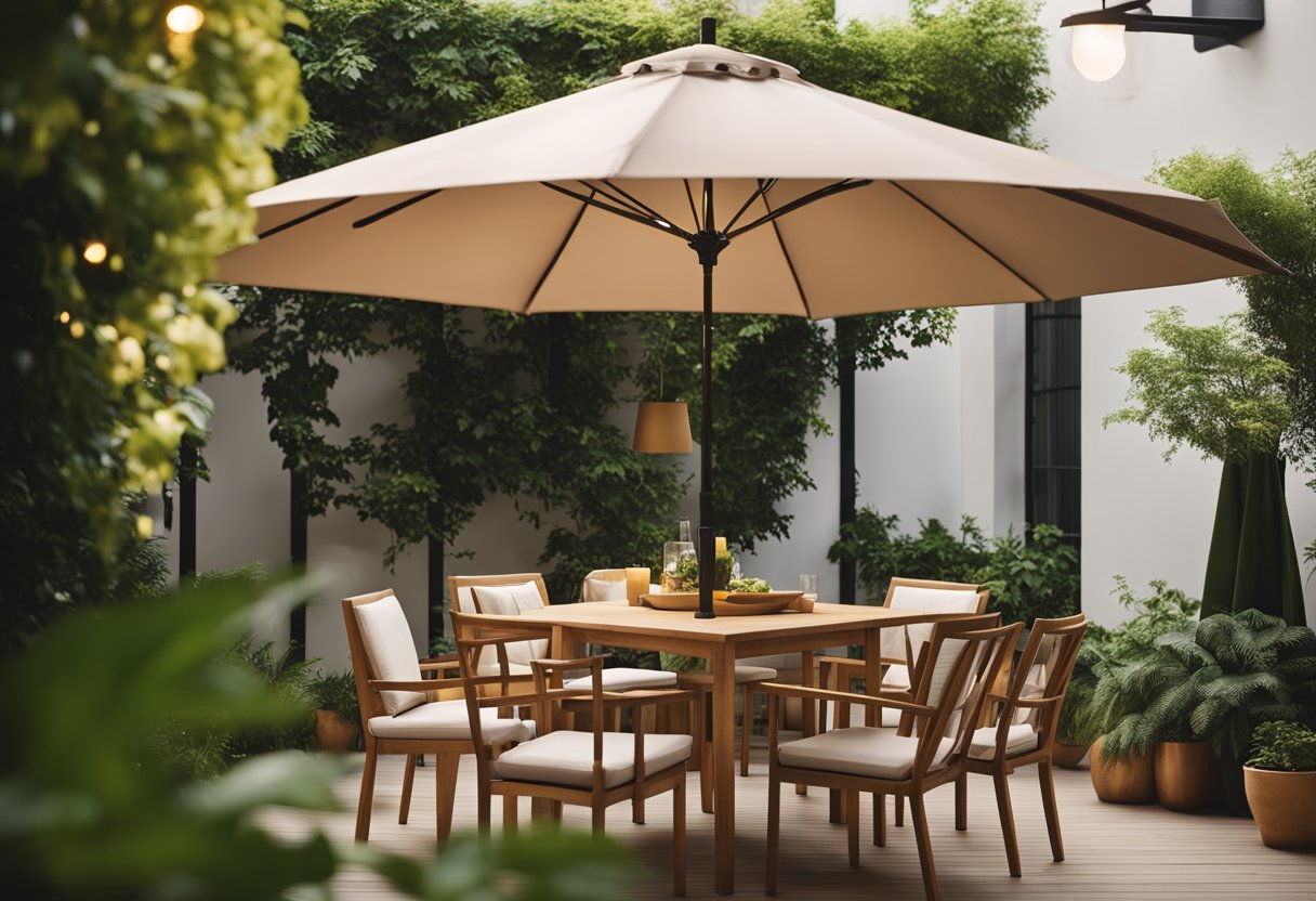 A cozy outdoor patio with IKEA furniture, including a sleek dining set, comfortable lounge chairs, and a stylish umbrella, surrounded by lush greenery and warm lighting