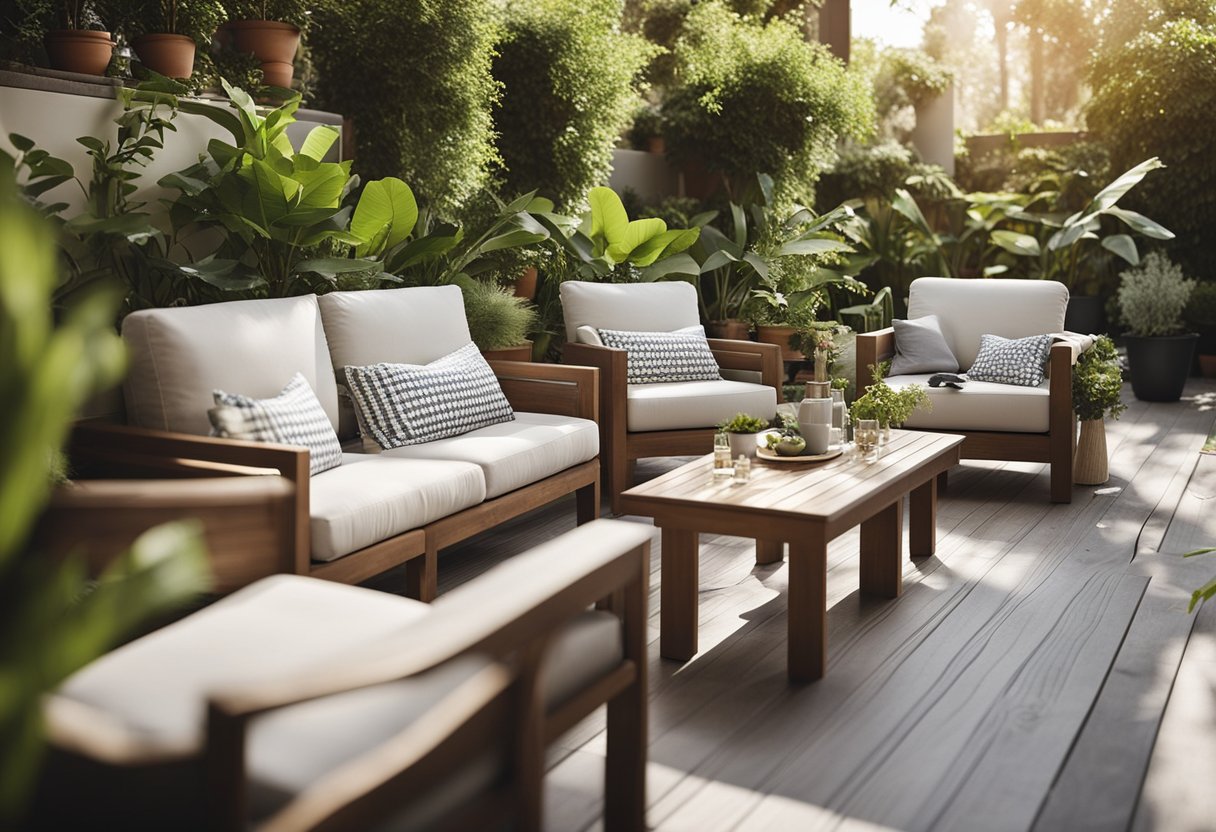 A sunny outdoor patio with a variety of stylish and comfortable IKEA furniture, including tables, chairs, and loungers, surrounded by lush greenery and potted plants