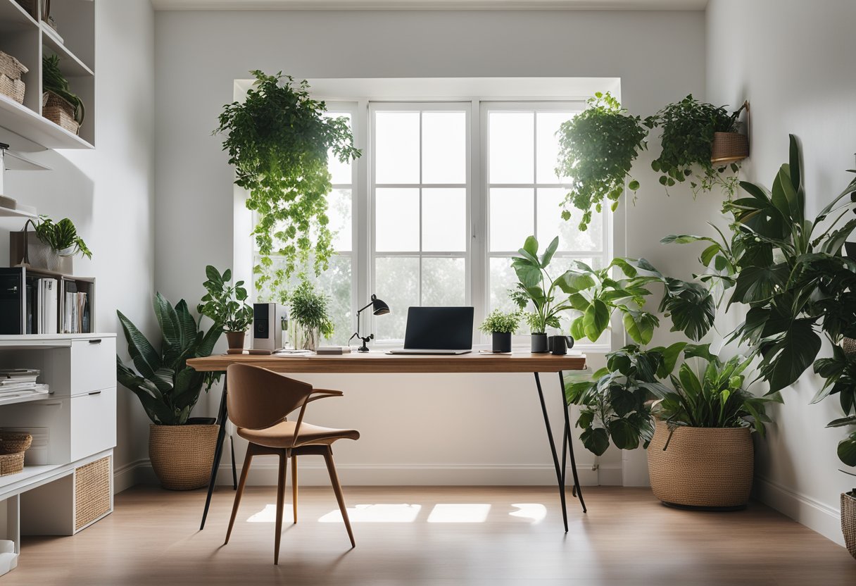 A bright, minimalist home office with large windows, modern furniture, and green plants. The desk is clutter-free, with a sleek computer and motivational quotes on the wall
