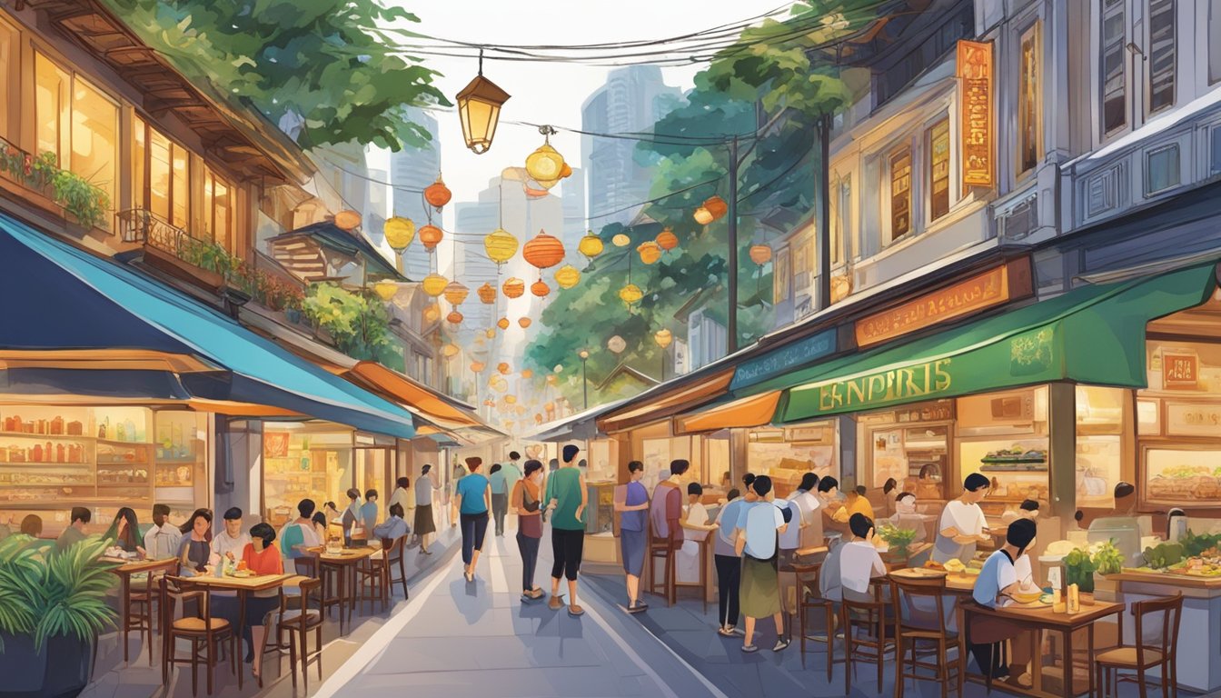 A bustling street lined with diverse restaurants, each emitting tantalizing aromas. Brightly lit signs showcase the top 10 culinary delights in Singapore, drawing in eager food enthusiasts