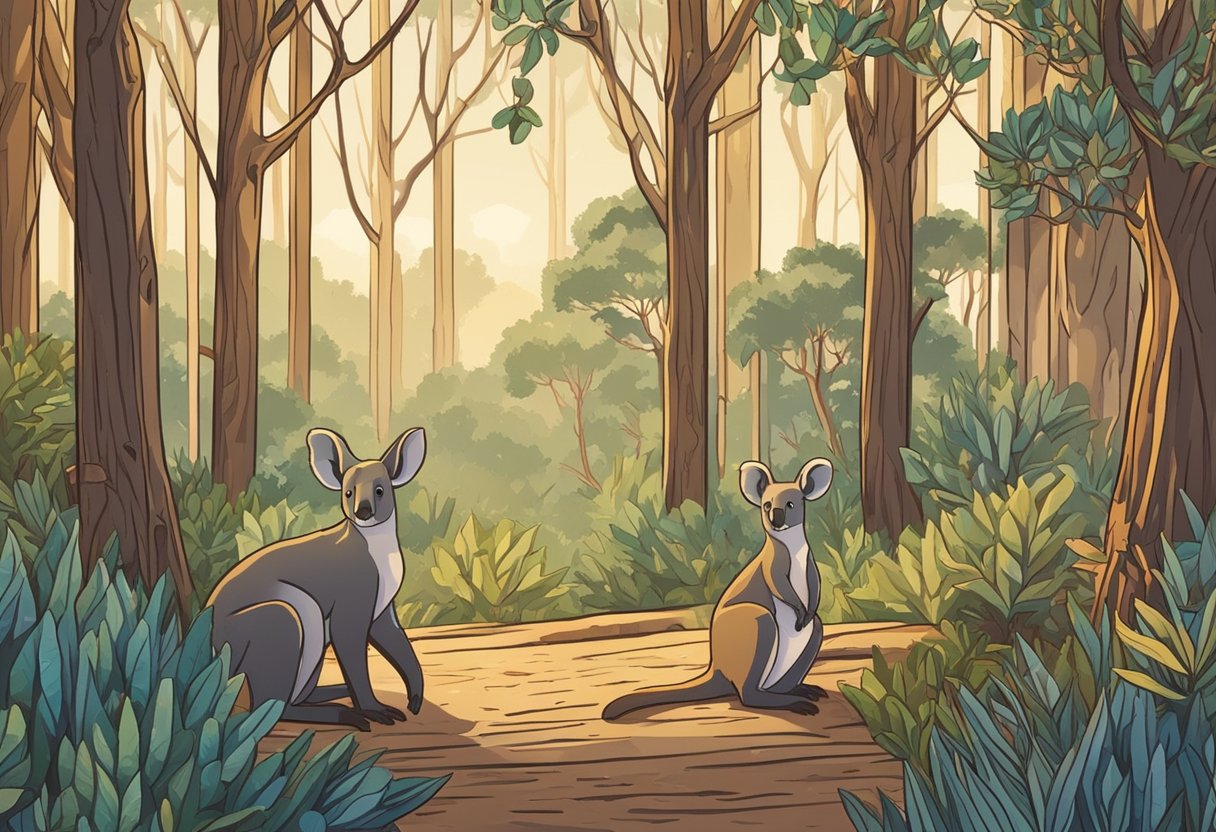 Colorful name tags hang from eucalyptus branches, while a kangaroo and koala play nearby. Bushland surrounds the scene