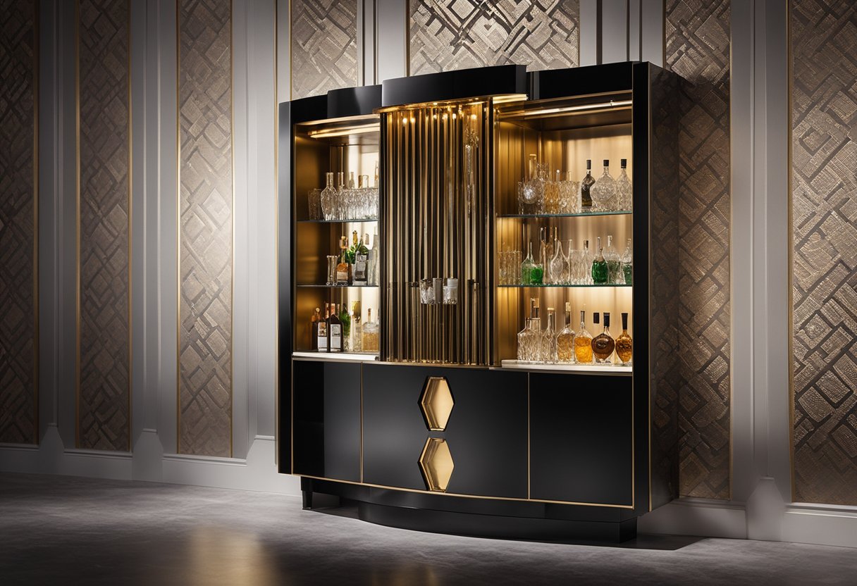 A sleek, modern bar cabinet with a mirrored back panel, stocked with crystal glassware and a variety of liquor bottles, set against a backdrop of elegant wallpaper and ambient lighting