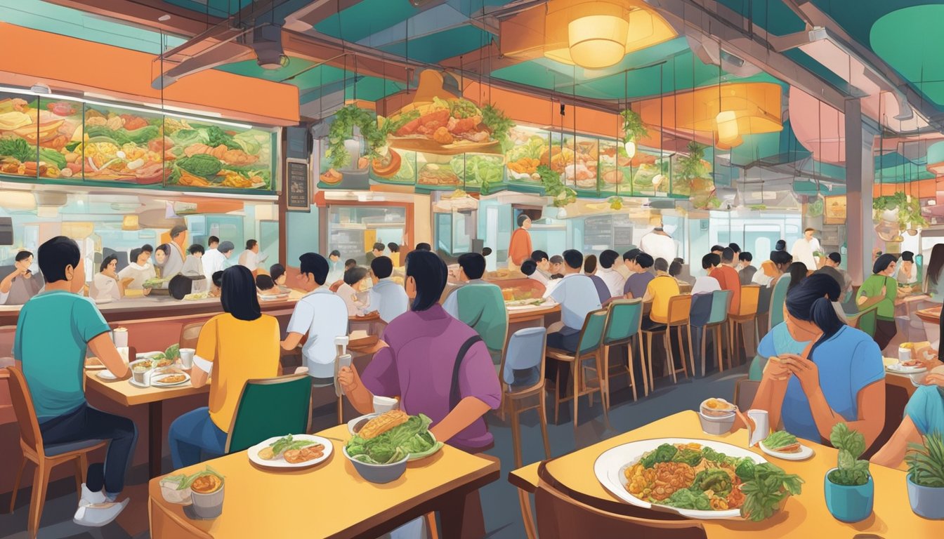 Customers exploring a colorful array of vegetarian dishes in a bustling Geylang restaurant