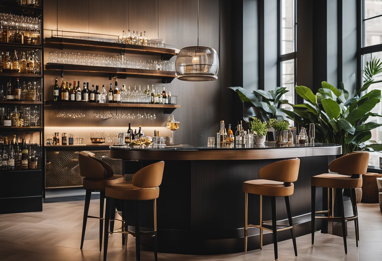 A sleek home bar with modern furniture and stylish accessories in a cozy setting