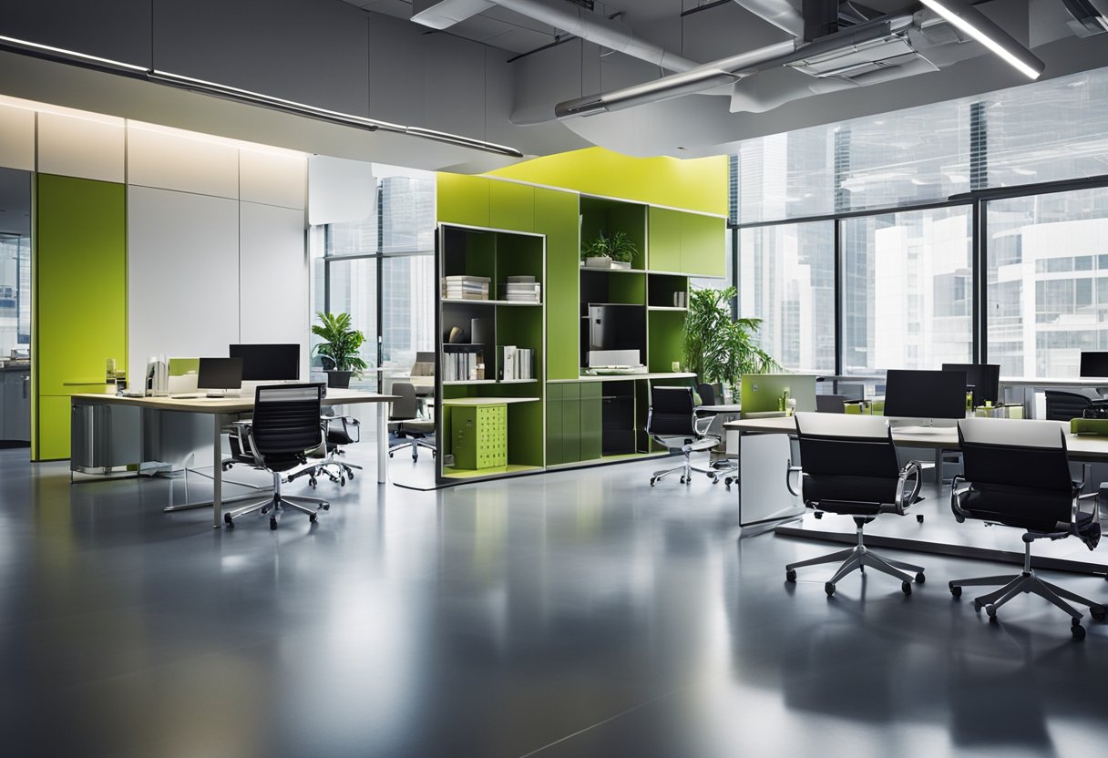 A modern office space with sleek, ergonomic furniture and vibrant colors, showcasing innovative design