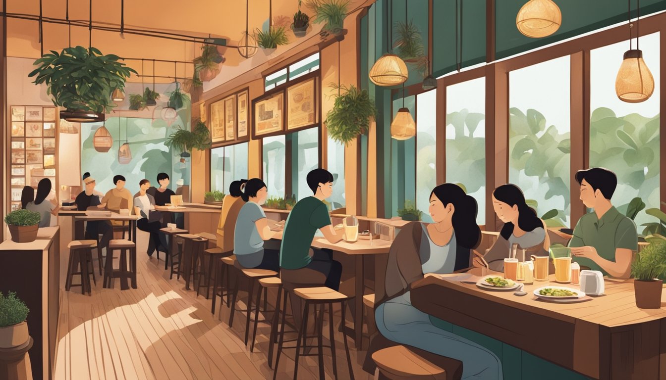 Customers browsing menu at a cozy vegetarian restaurant in Geylang, Singapore. Warm lighting and earthy decor create a welcoming atmosphere