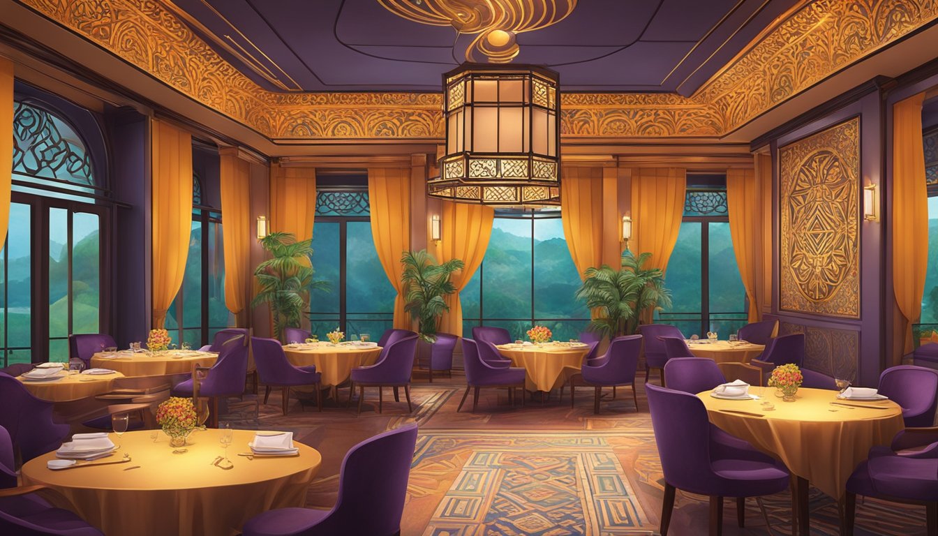 The Yantra restaurant buzzes with vibrant colors, intricate patterns, and a warm, inviting ambiance. The ornate decor and elegant furniture create a sense of opulence and sophistication, while the soft lighting adds a touch of romance to the atmosphere