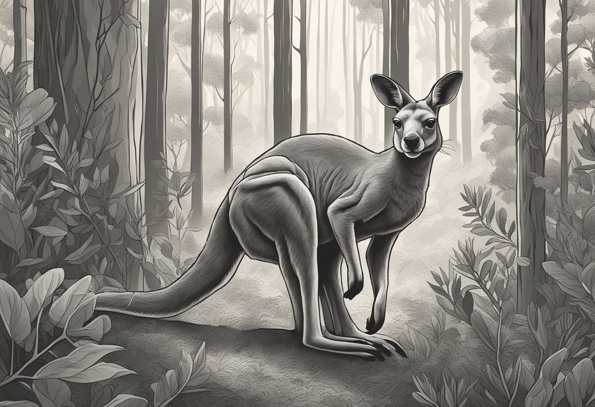 A kangaroo with a joey in its pouch hopping through a eucalyptus forest