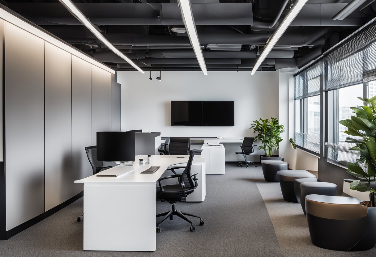 A modern office with a sleek and organized design, featuring a reception area, workstations, and a meeting space. The space is bright and inviting, with clean lines and contemporary furnishings