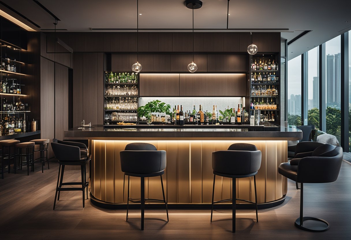 A modern home bar set against a backdrop of sleek furniture and contemporary decor in a stylish Singaporean apartment