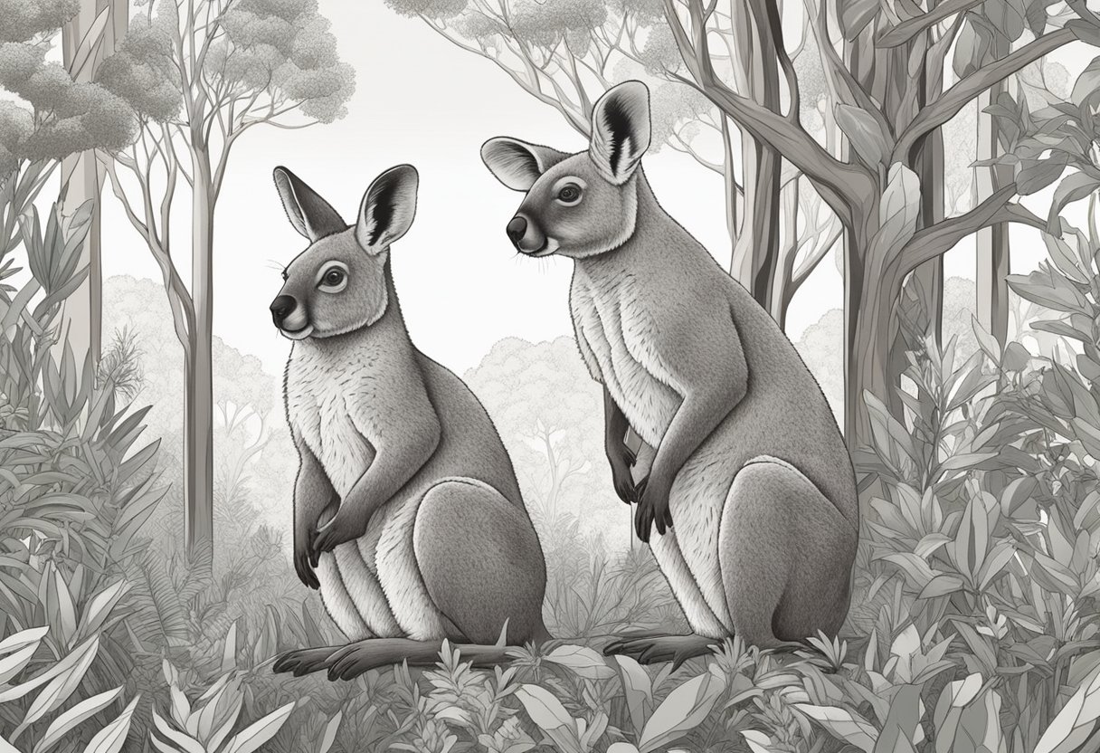 A kangaroo and a koala sitting under a eucalyptus tree, surrounded by native Australian flora and fauna