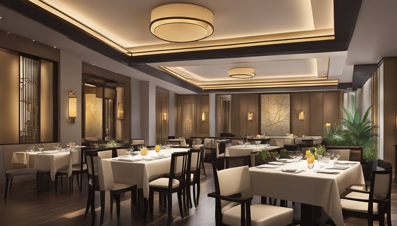 The elegant interior of Yantra restaurant, with soft lighting and modern decor, sets the stage for a sophisticated dining experience. Tables are impeccably set, and the attentive staff ensures a high level of service