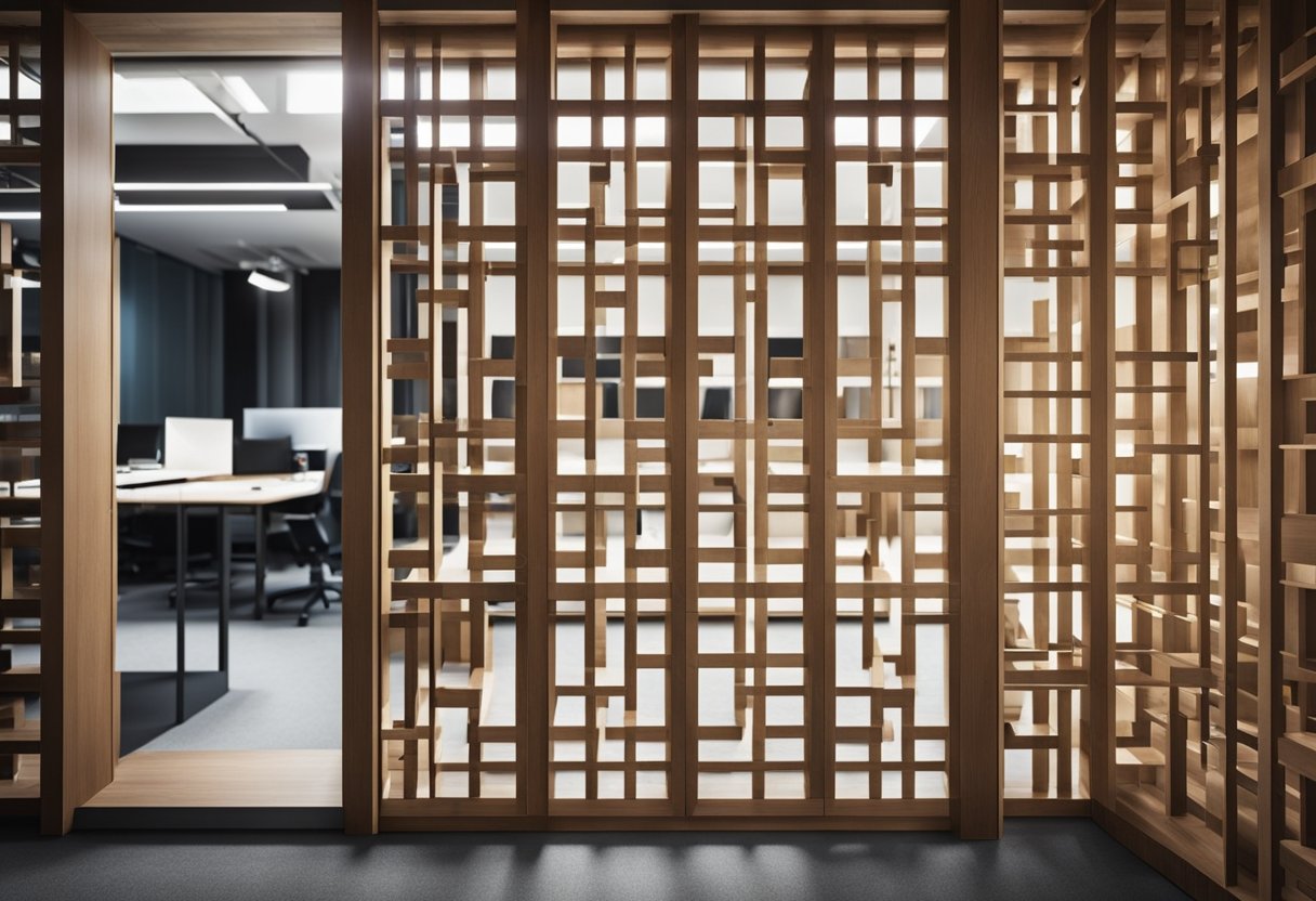 A wooden partition divides the office space, with geometric patterns and a combination of open and closed sections for privacy and collaboration