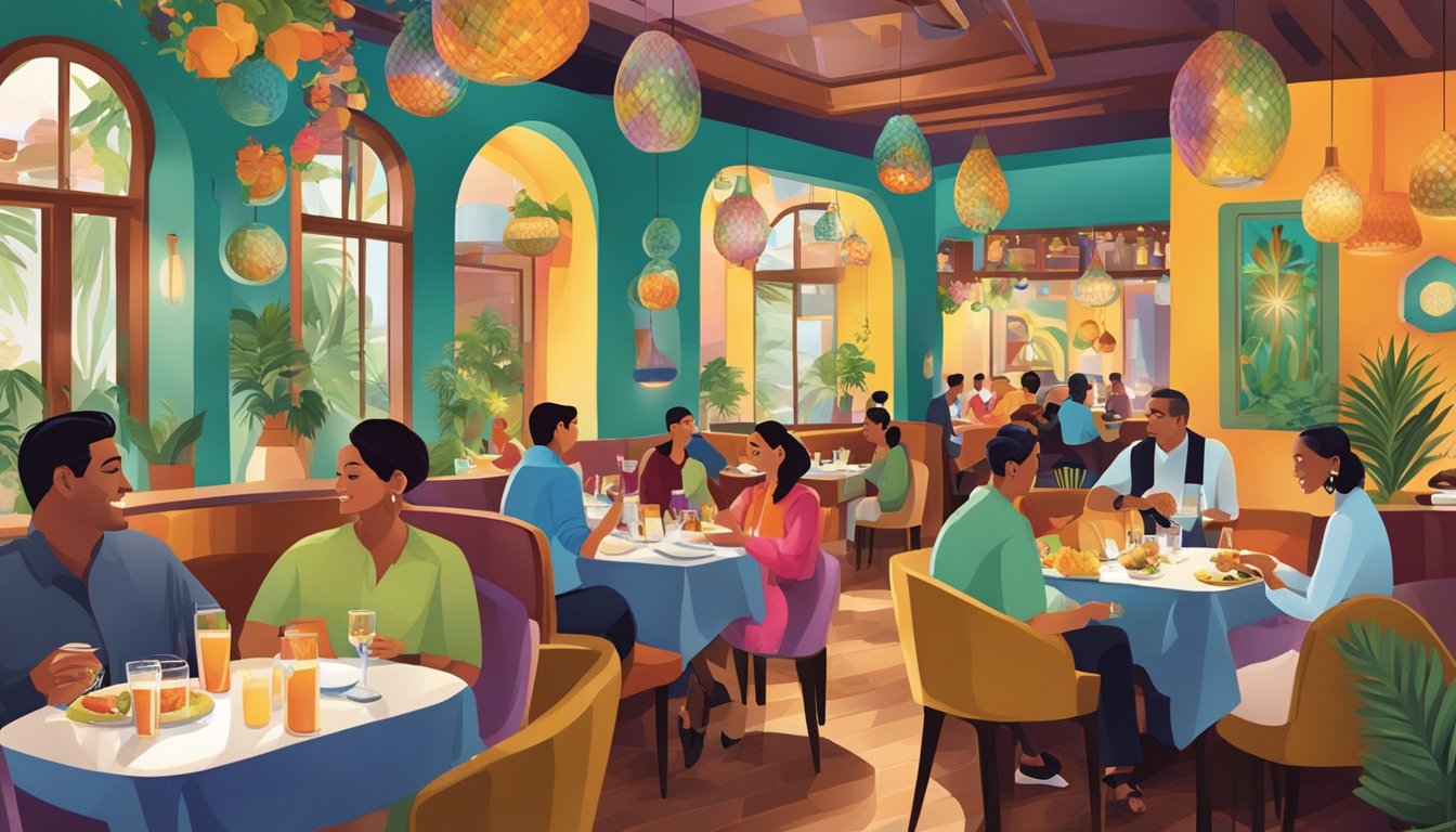 The vibrant, bustling interior of Coco restaurant, with colorful decor, aromatic dishes, and happy diners enjoying their meals