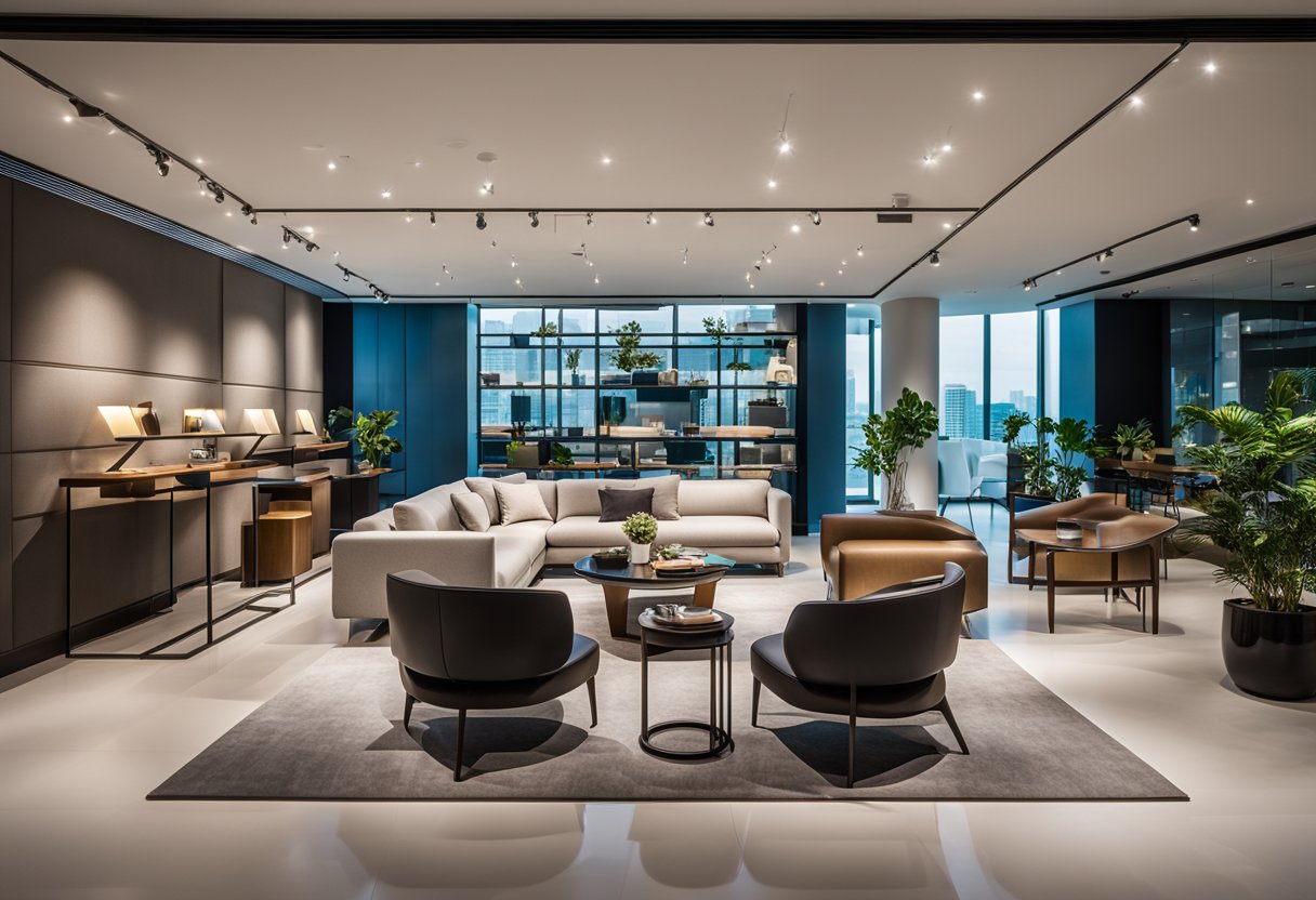 A sleek, modern showroom in Singapore showcases innovative furniture designs. Bright lighting highlights the clean lines and unique materials of the pieces on display