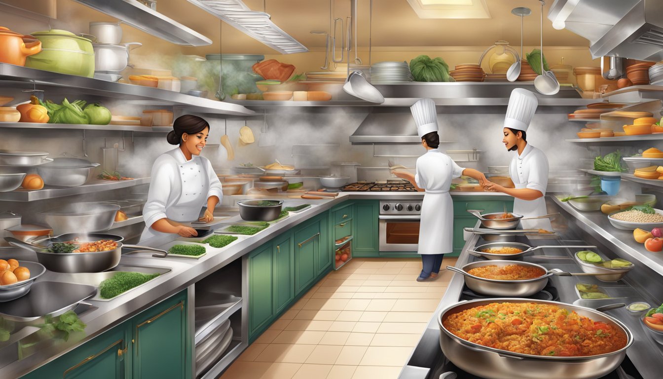 The bustling kitchen of Coco's Culinary Delights, with sizzling pans, colorful ingredients, and the aroma of exotic spices filling the air