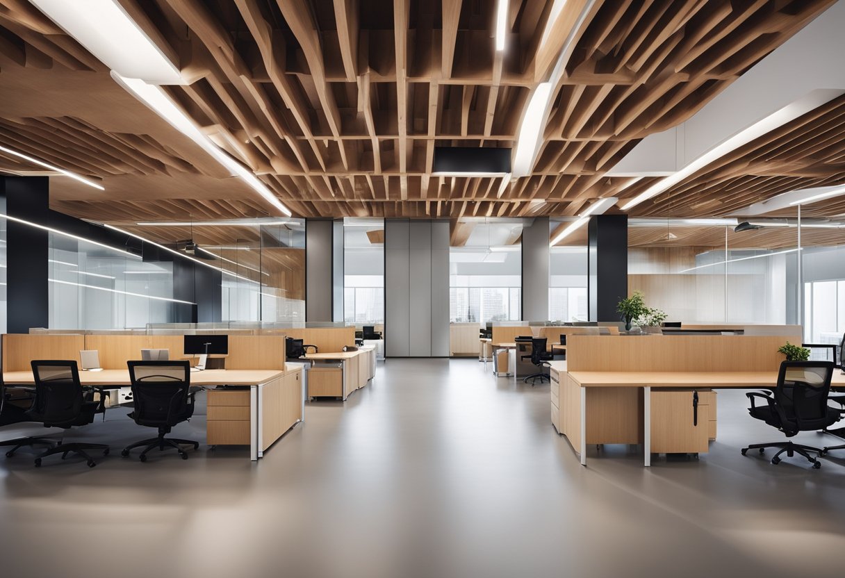 A spacious office with modern wooden partitions, creating separate work areas while maintaining an open and inviting atmosphere