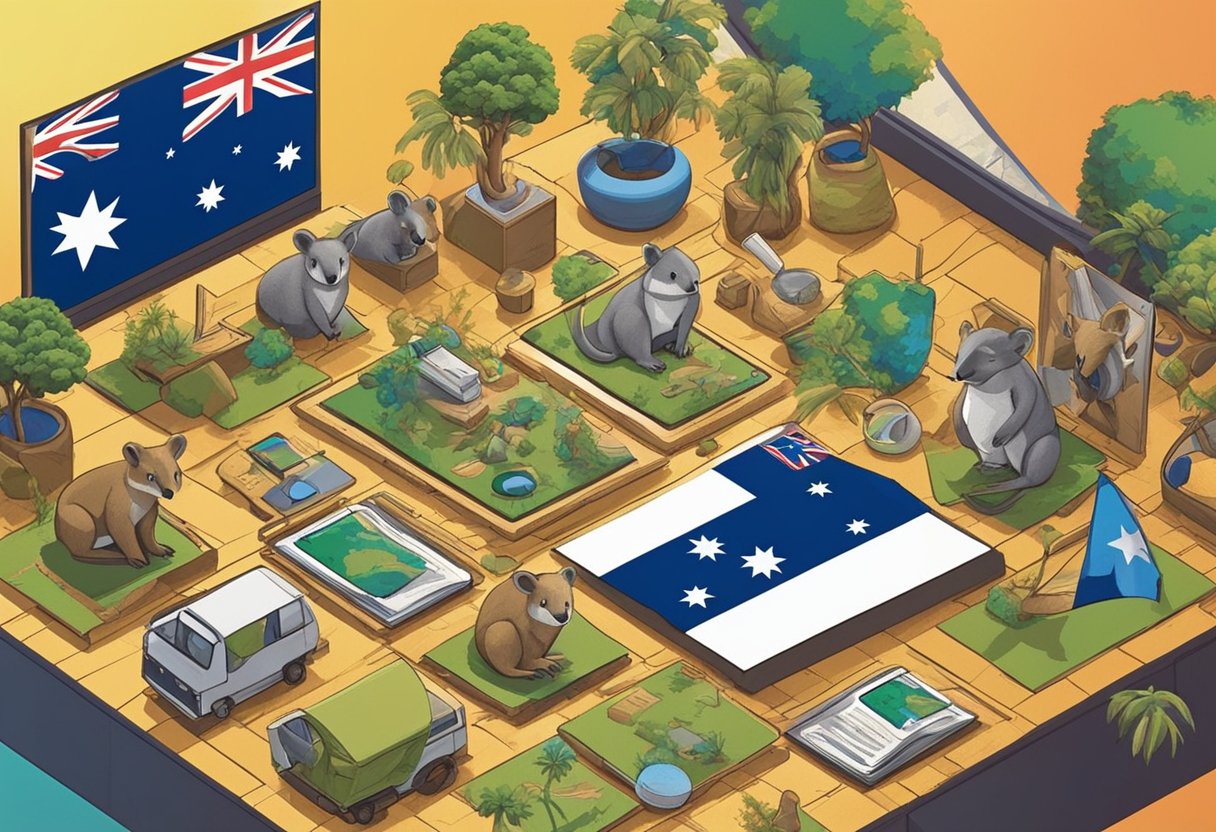 A colorful brainstorming session with a variety of Australian-themed objects and symbols, such as kangaroos, koalas, boomerangs, and the Australian flag