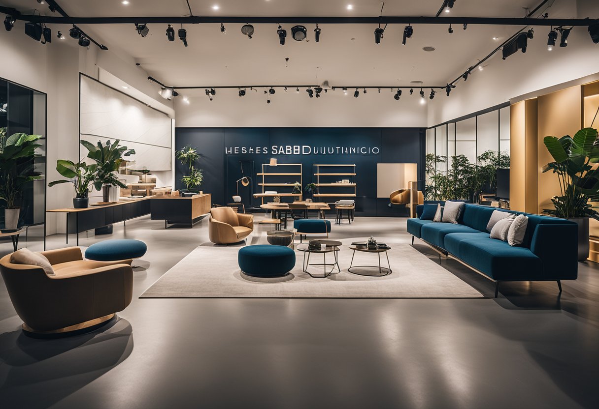 A modern showroom showcasing innovative furniture pieces in Singapore. Bold, sleek designs stand out against a minimalist backdrop, drawing attention to the unique craftsmanship of each item