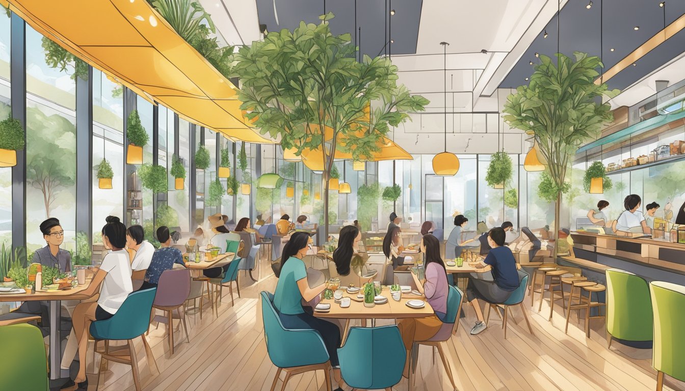 The bustling vegetarian restaurant at Vivocity bustles with a mix of diners enjoying plant-based dishes in a modern, vibrant setting