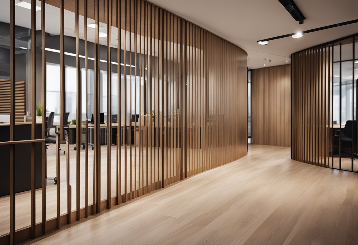A sleek wooden partition divides the office space, blending functionality with modern style