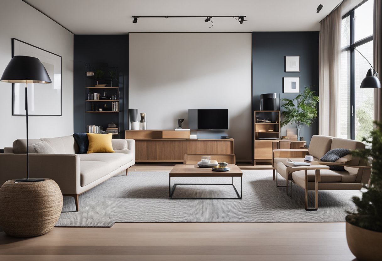 A modern living room with sleek, multifunctional furniture pieces. Bright, natural lighting and clean lines create a minimalist yet inviting space