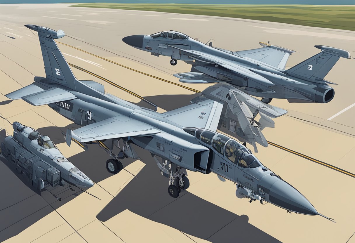 A group of military aircraft with names like "Phantom" and "Thunderbolt" lined up on a tarmac, ready for takeoff