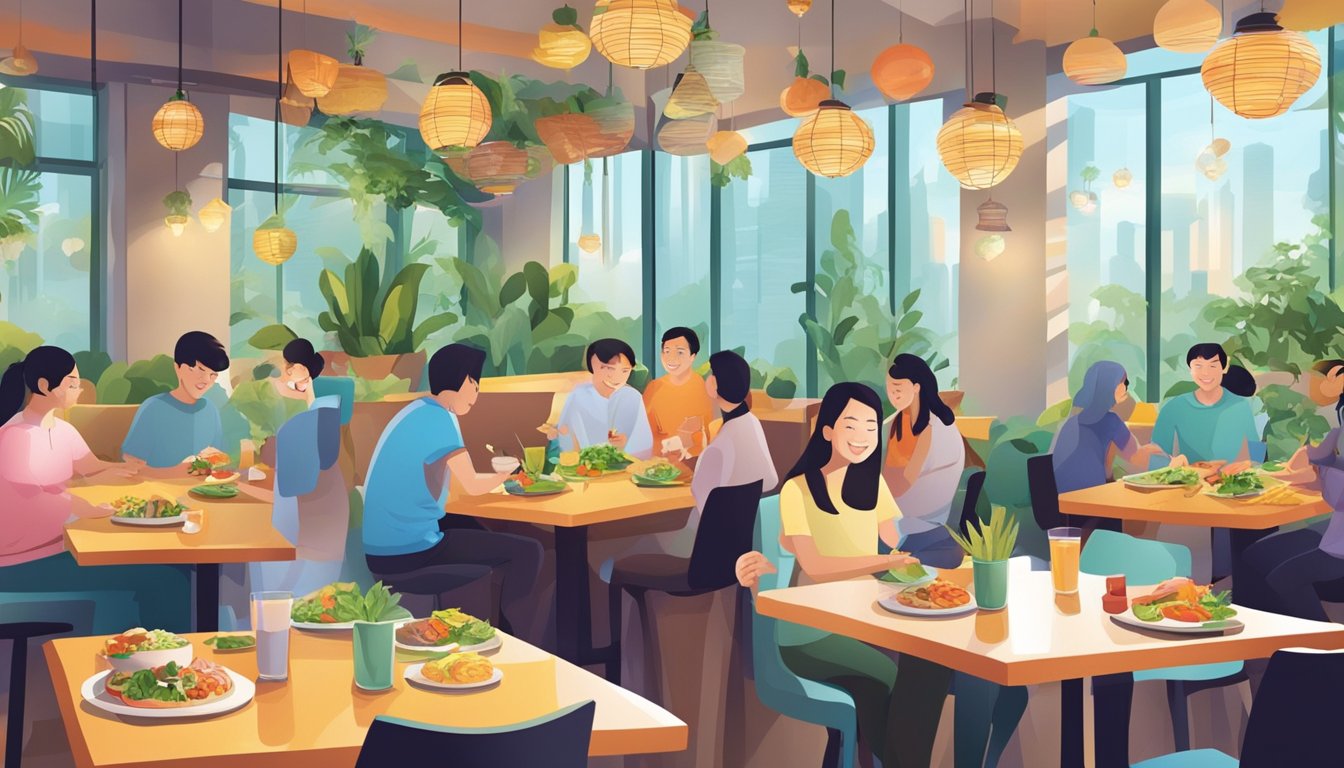 Customers enjoying a variety of colorful and delicious vegetarian dishes at VivoCity restaurant, with a vibrant and inviting atmosphere