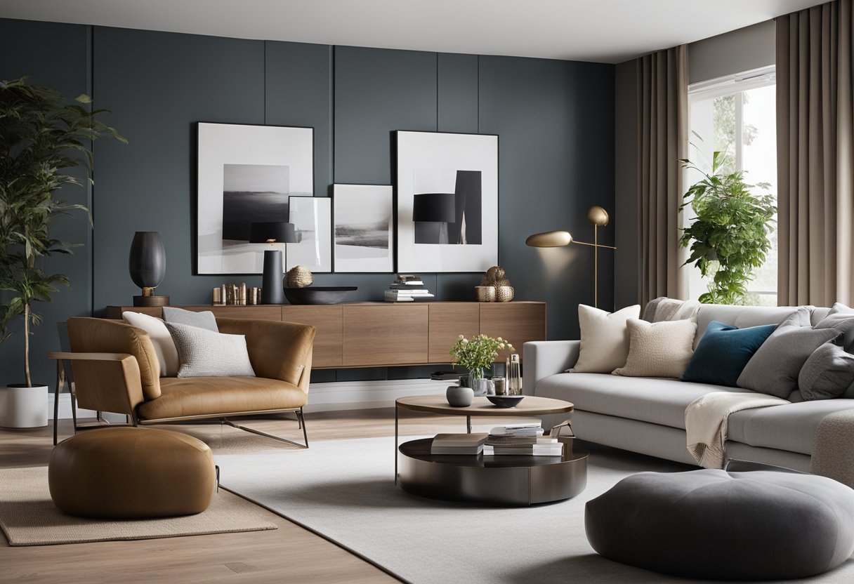 A modern living room with sleek, minimalist furniture and vibrant accent pieces. Clean lines and neutral tones create a sophisticated and inviting space
