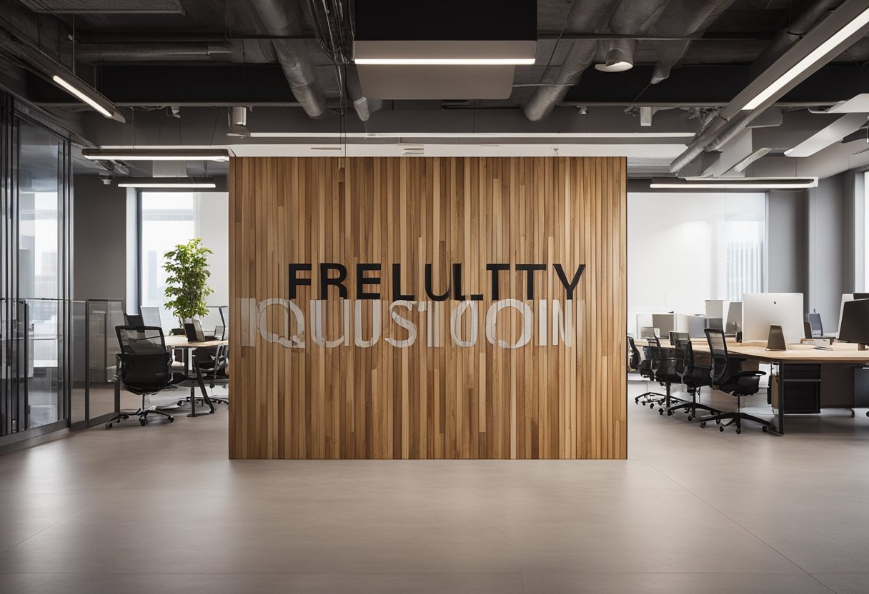 A wooden partition divides an office space, with clear lettering indicating "Frequently Asked Questions" for a professional and organized environment