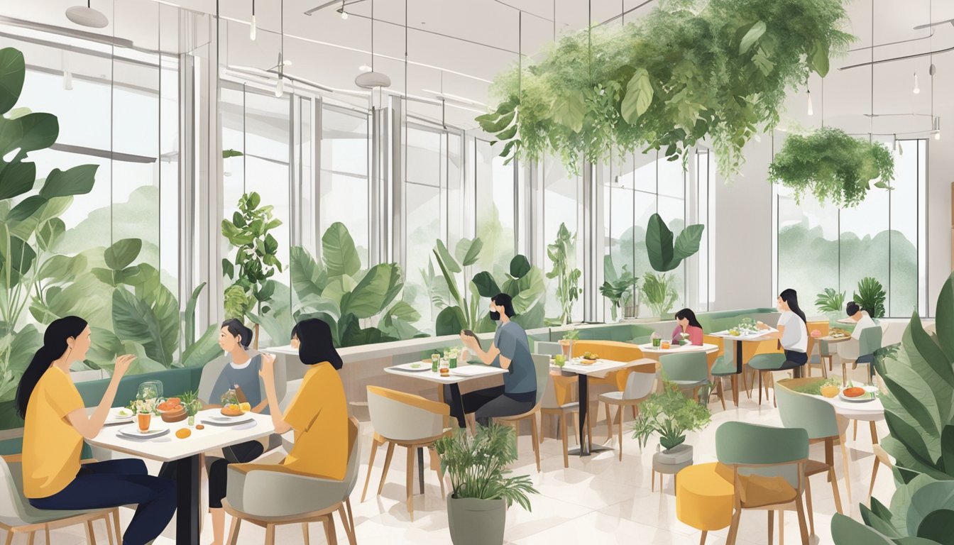 Customers enjoy a variety of plant-based dishes at a modern vegetarian restaurant in Vivocity. The bright and airy space is filled with greenery, creating a welcoming and relaxing atmosphere for diners