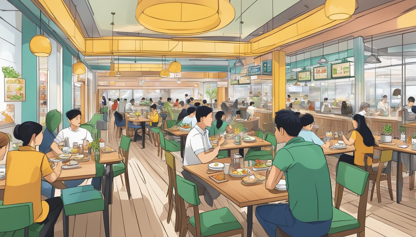 The bustling interior of a vegetarian restaurant at Vivocity, with customers enjoying their meals and staff members attending to their needs