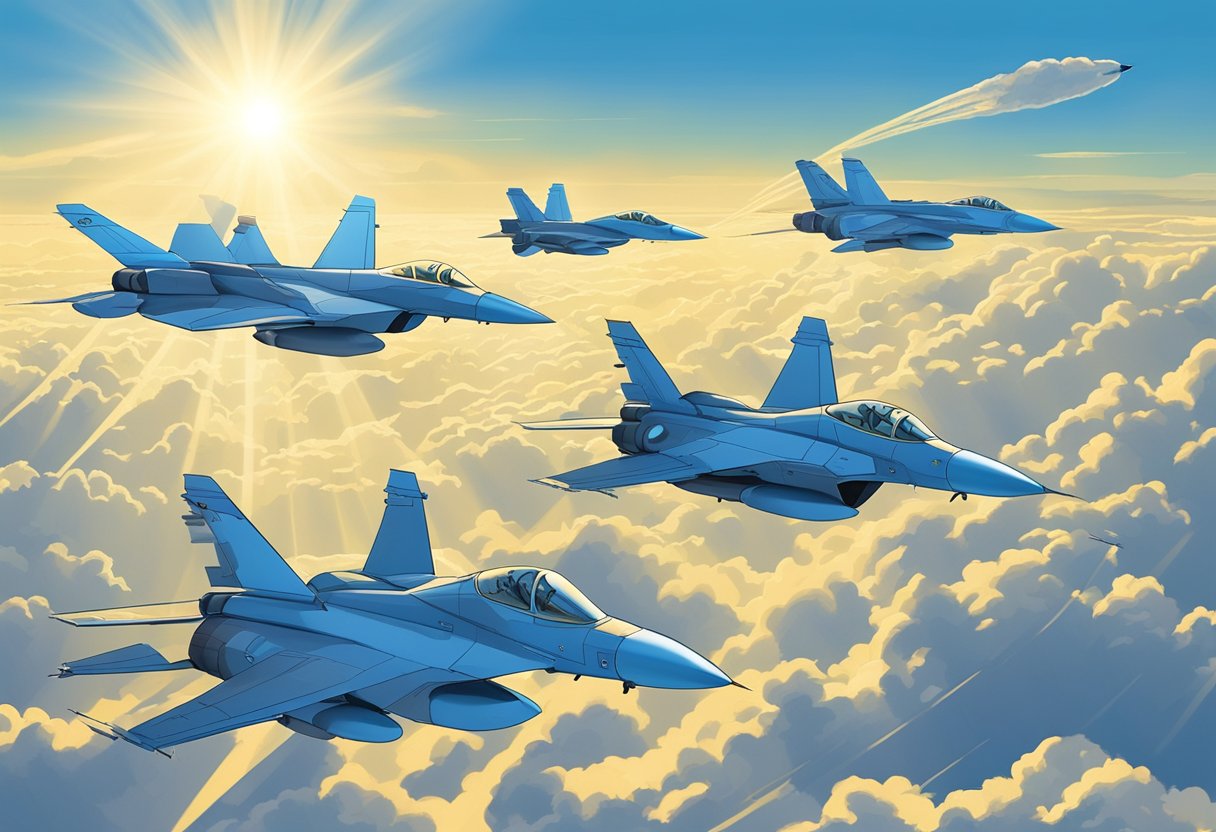 A squadron of fighter jets soaring through a clear blue sky, with the sun shining brightly and the clouds trailing behind them