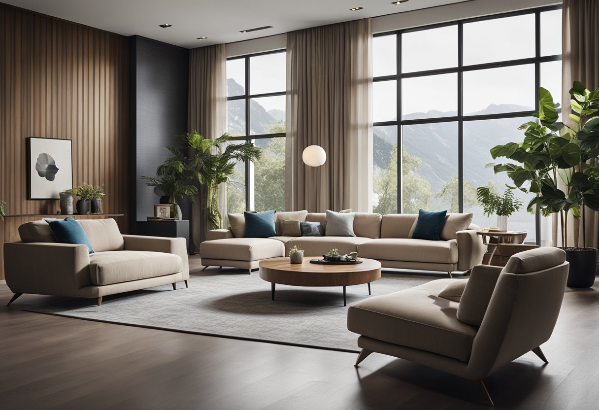 A modern living room with Kian furniture, featuring sleek designs and comfortable seating arrangements. The space is well-lit with natural light and adorned with decorative accents
