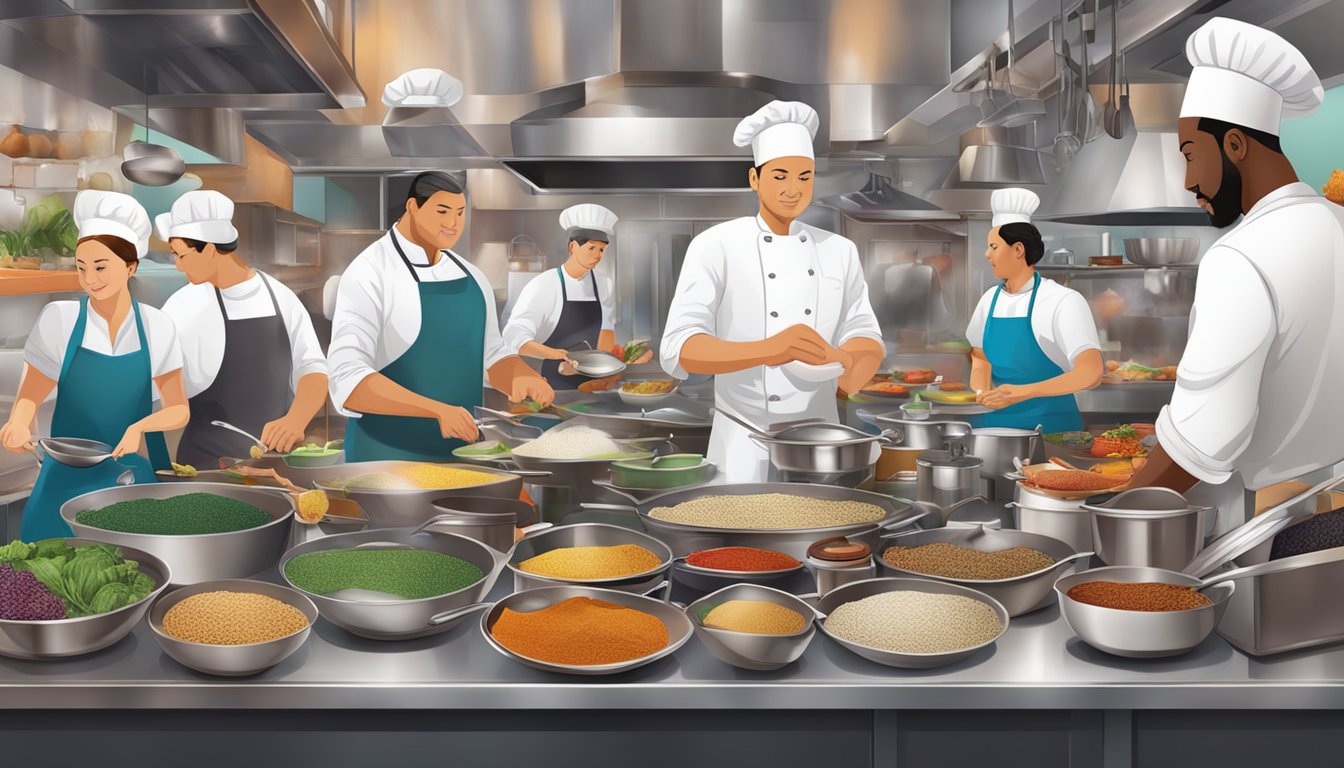 A bustling restaurant kitchen with chefs preparing diverse dishes amidst a colorful array of spices, pots, and pans